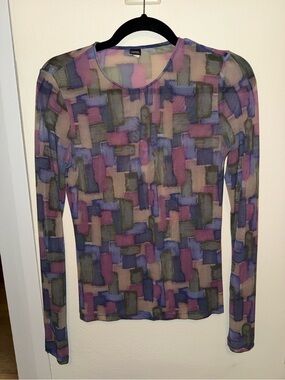 Only hearts - Sheer Geometric Long-Sleeve Top in Purple Multi - Unbranded